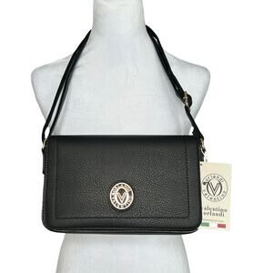 NWT Valentino Orlandi Black Vegan Leather Gold Accents Crossbody Purse Bag